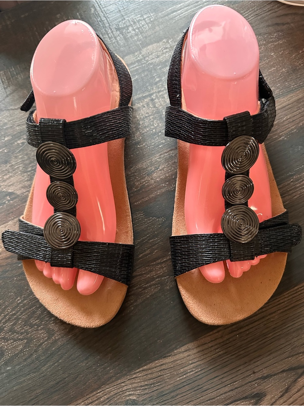Vionic Black Strappy Sandals with Swirl Metal Accents